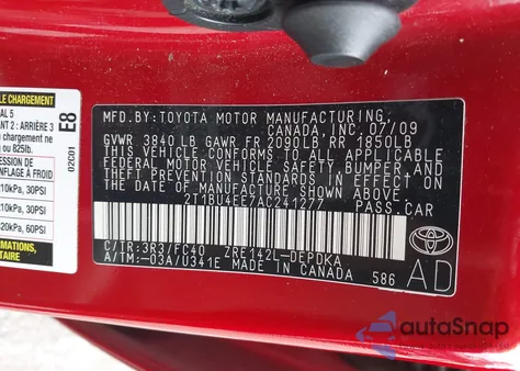 2010 Toyota Corolla Le из США, поврежденный, VIN 2T1BU4EE7AC241277